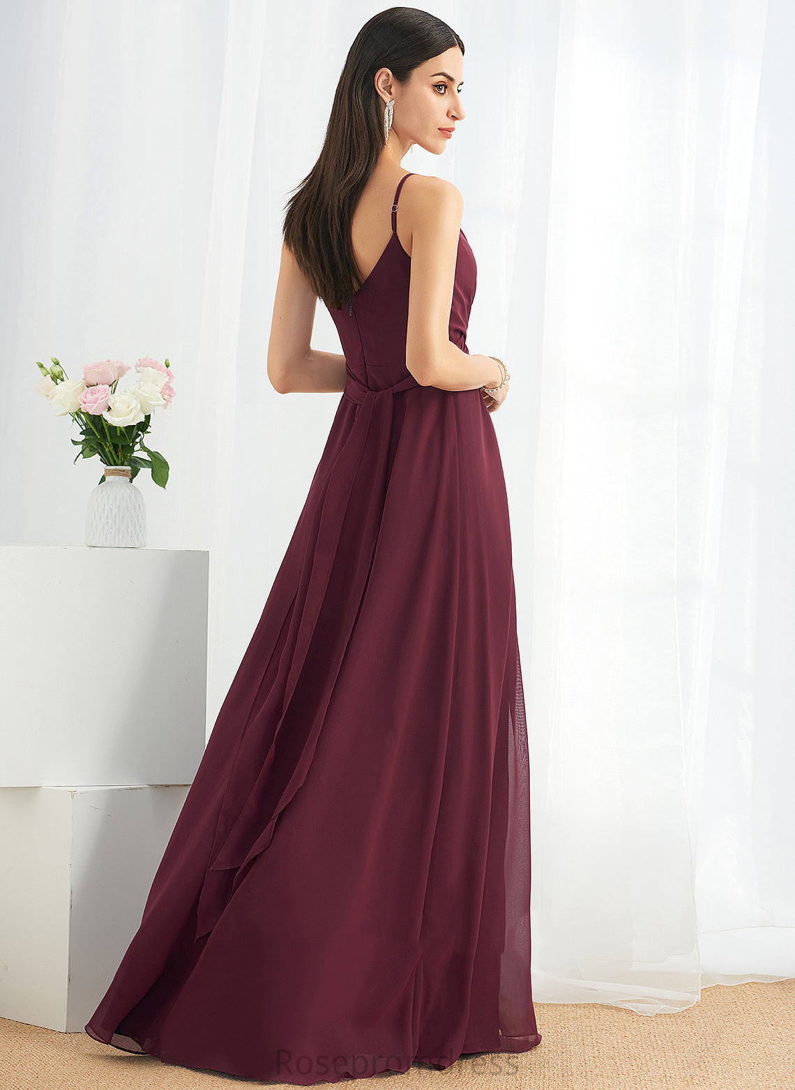 SplitFront Ruffle A-Line Neckline Silhouette Fabric V-neck Floor-Length Embellishment Length Brooklyn Natural Waist Bridesmaid Dresses