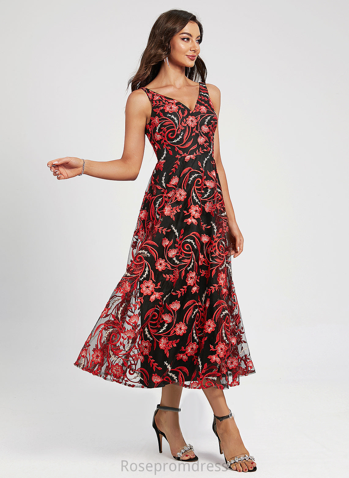 Lace Sahna Tea-Length Dress Cocktail Dresses Flower(s) V-neck A-Line Cocktail With Lace