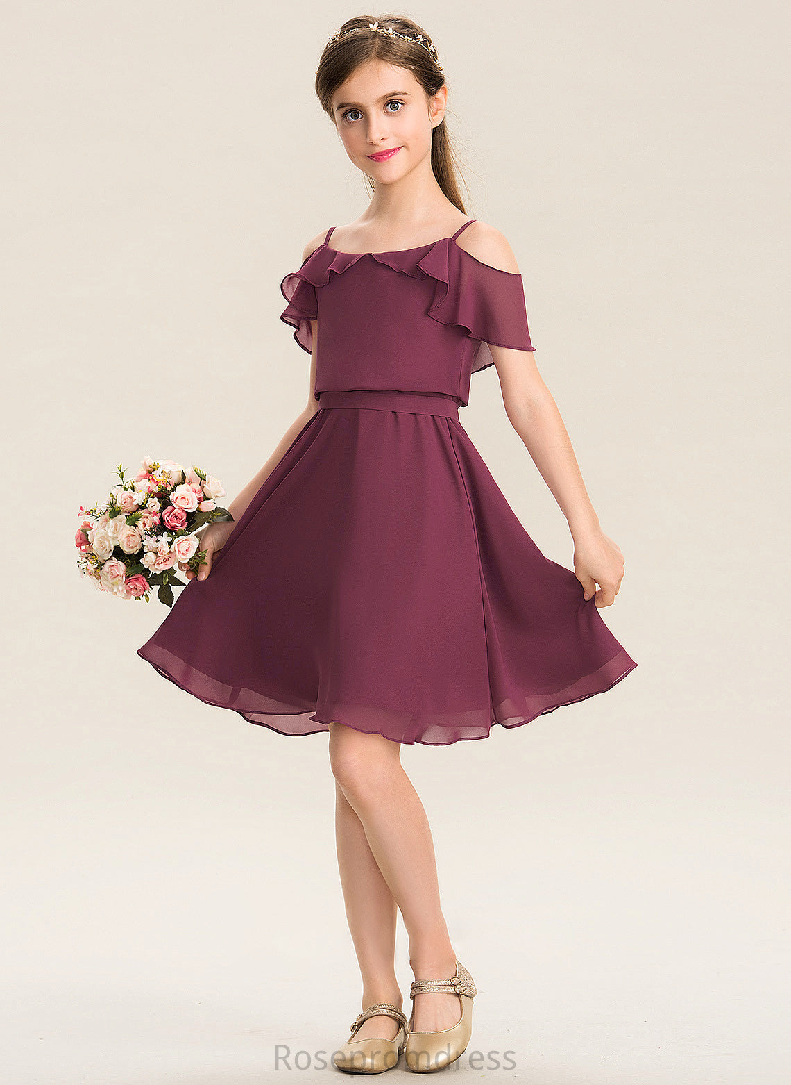 Chiffon Off-the-Shoulder Junior Bridesmaid Dresses A-Line With Ruffles Bow(s) Knee-Length Cascading Aurora