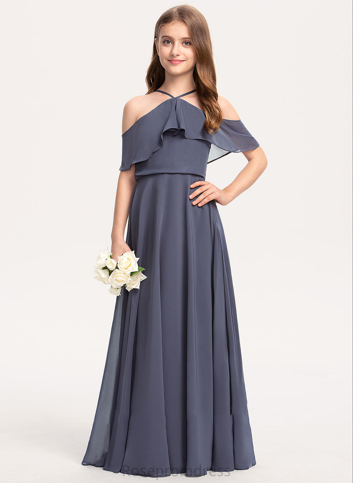 Chiffon Kayla Junior Bridesmaid Dresses With Floor-Length A-Line Ruffles Off-the-Shoulder Cascading