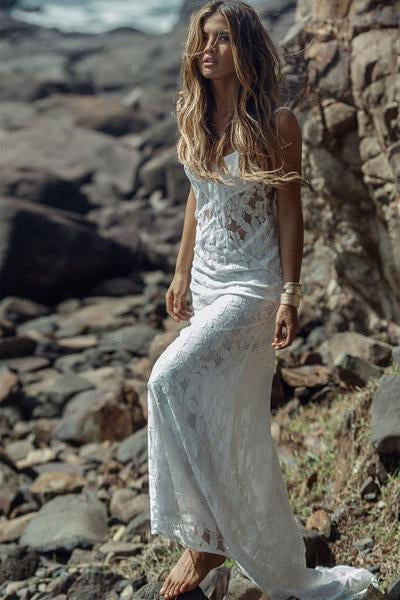 Long Simple A-Line Sheath Spaghetti Straps Backless Sweetheart Lace Beach Wedding Dresses RS382