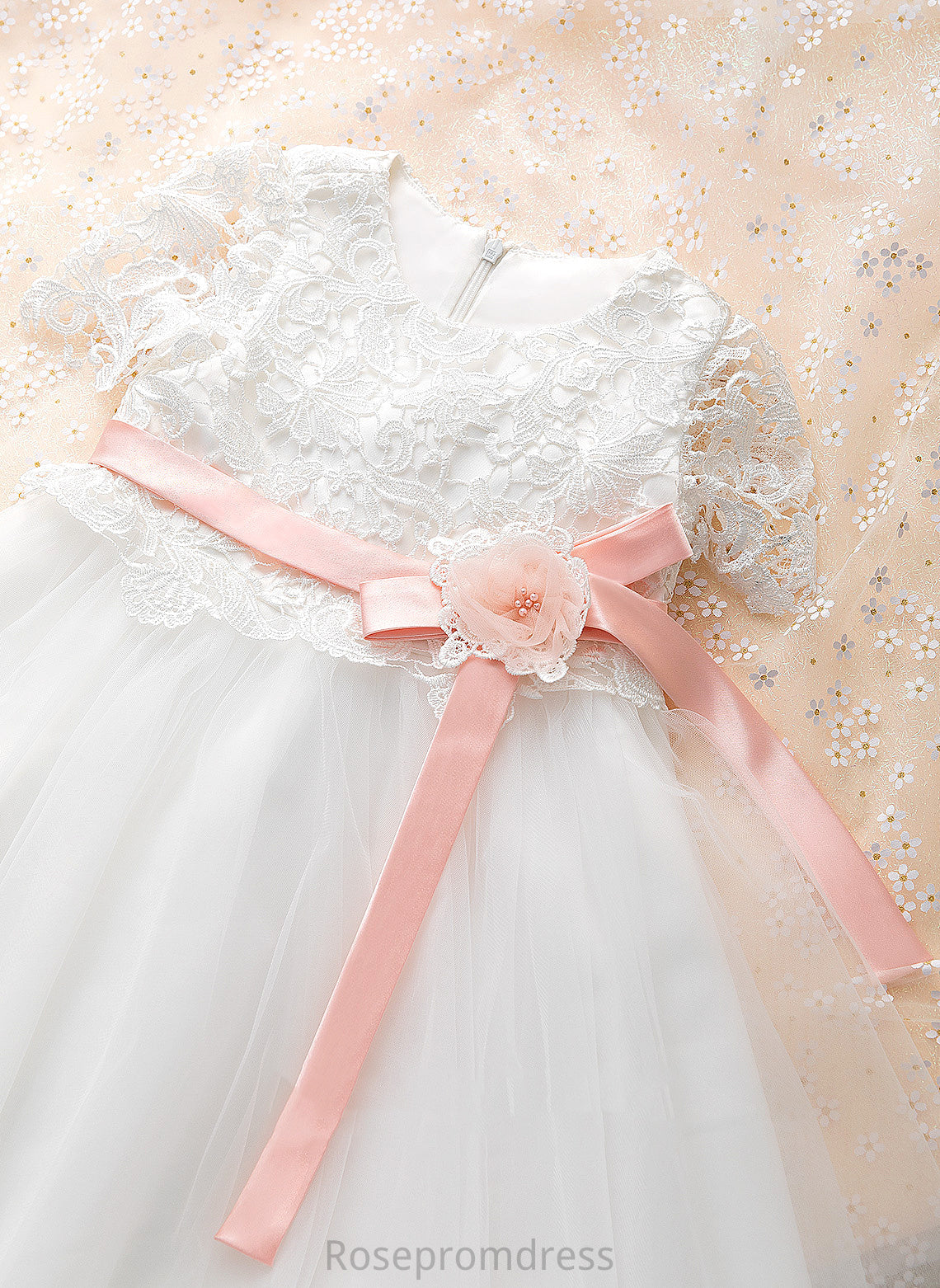 With Flower Tulle/Lace A-Line Sash/Flower(s) Dress Neck Knee-length Short Girl - Flower Girl Dresses Scoop Kallie Sleeves