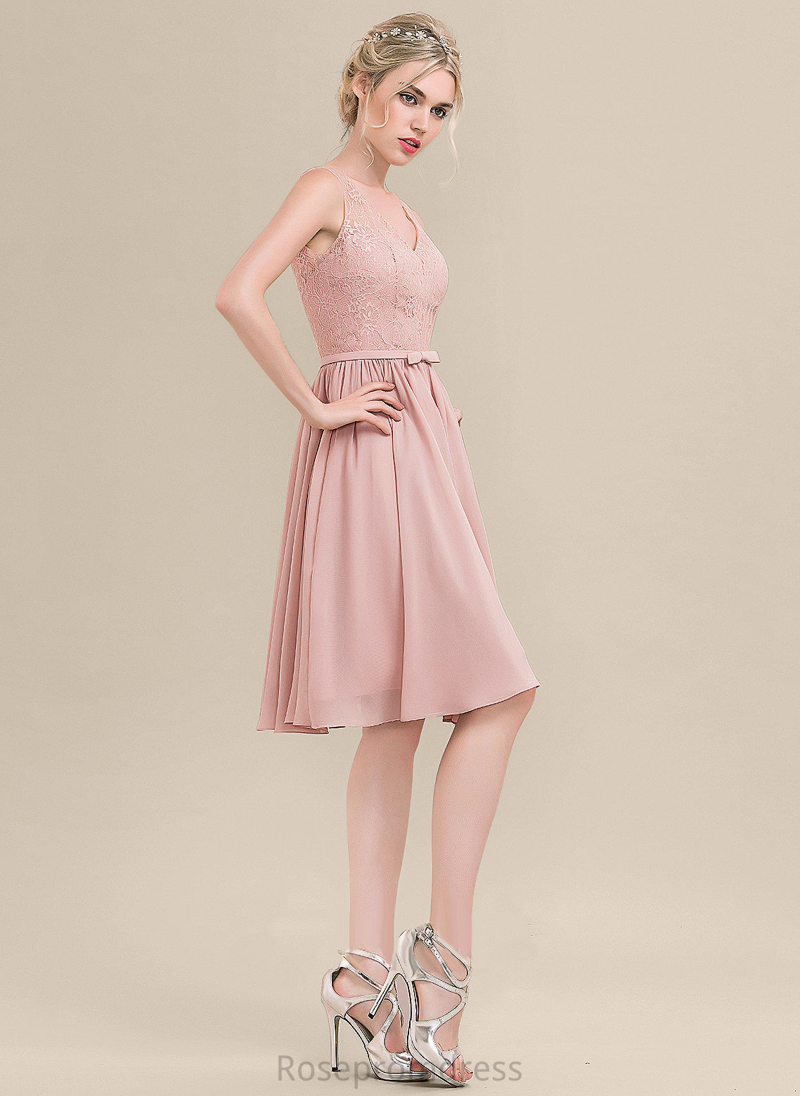 Chiffon Lace Knee-Length With Bow(s) Homecoming V-neck Dress Lace Homecoming Dresses Dulce A-Line