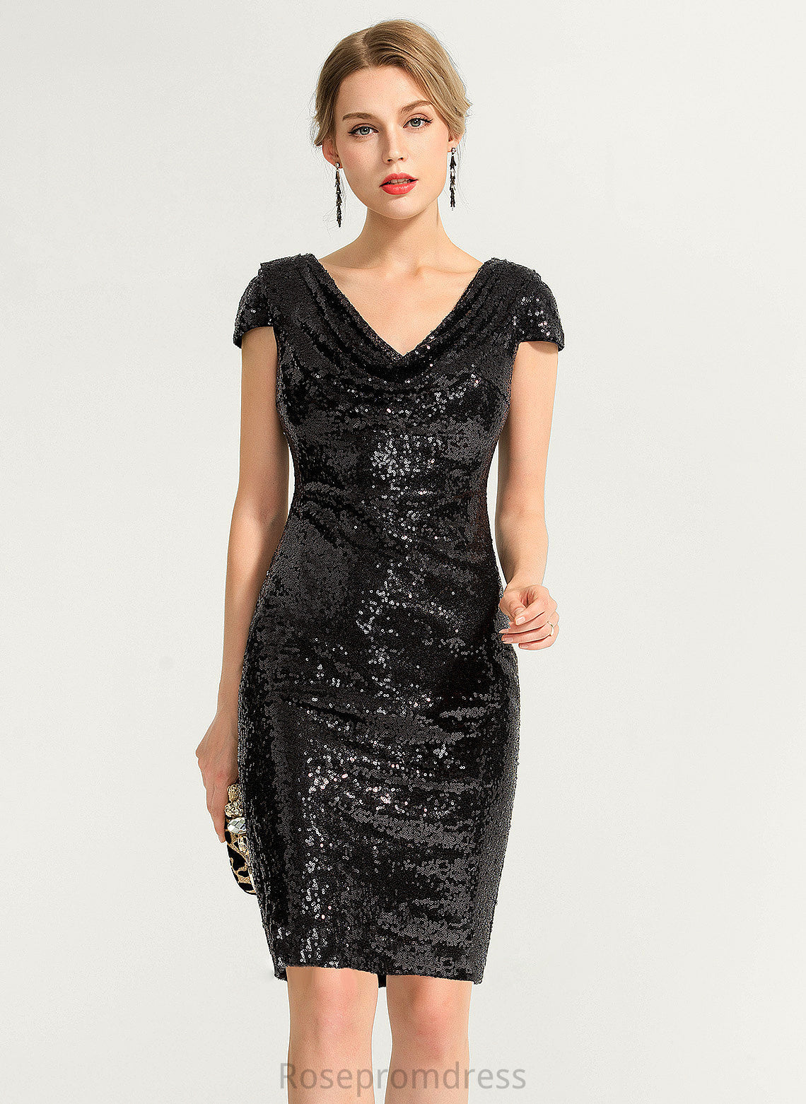 Knee-Length Neck Sequined Cowl Cocktail Dresses Dress Cocktail Sheath/Column Viv