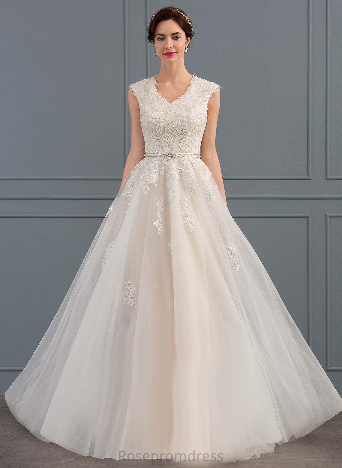 Tulle With Wedding A-Line Dress Sweep Gloria Lace Beading Bow(s) Wedding Dresses Sequins V-neck Train