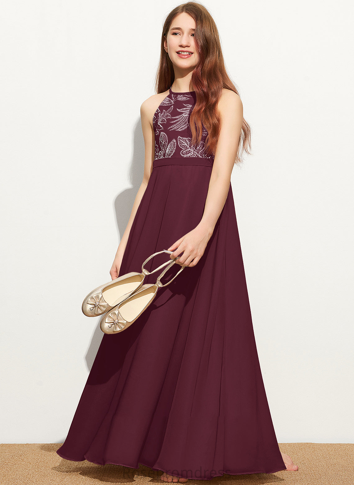 Floor-Length Neck Scoop Chiffon With A-Line Bow(s) Junior Bridesmaid Dresses Lace Laney