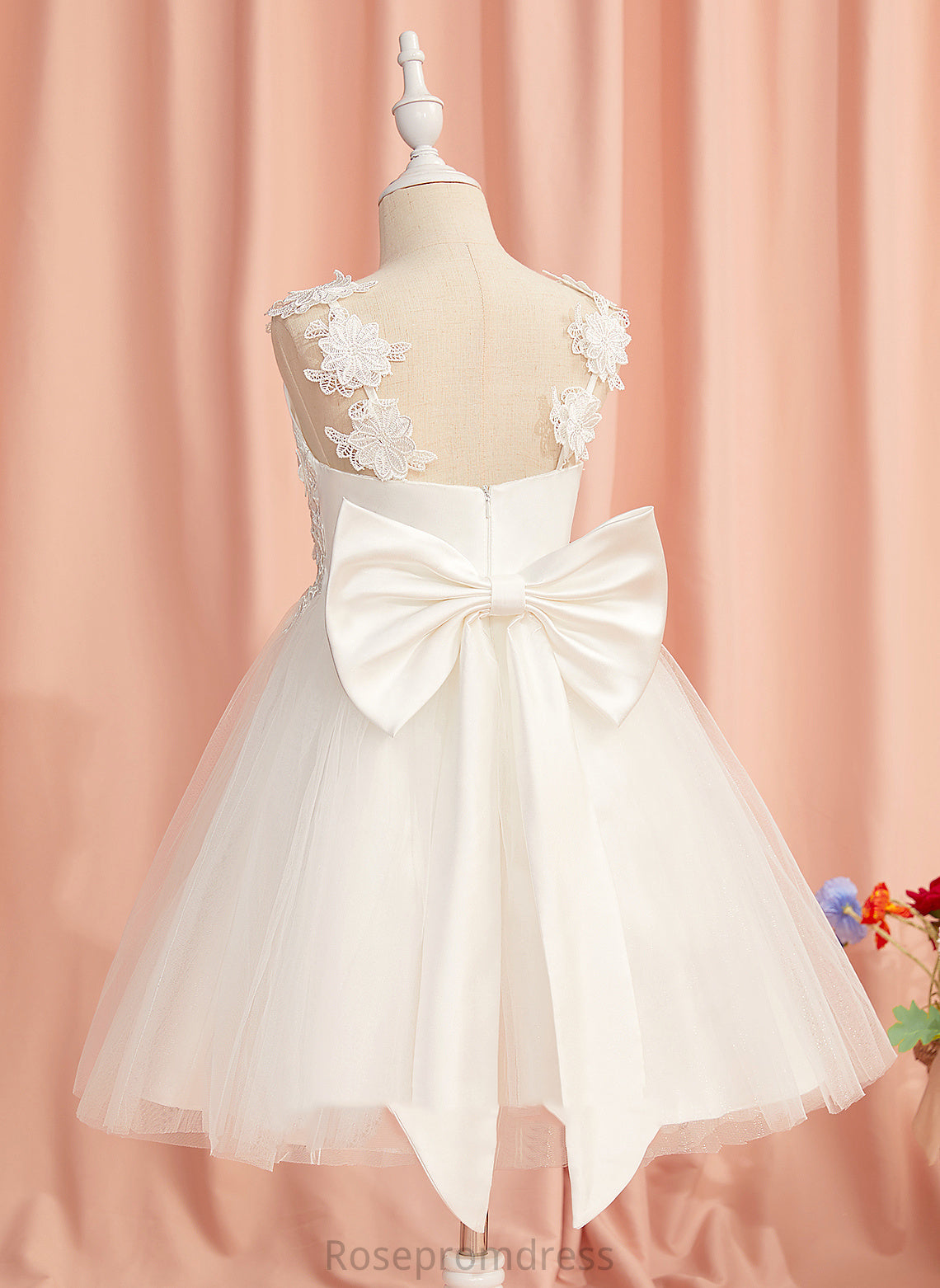 Girl Knee-length - Flower A-Line Gloria With Lace/Flower(s)/Bow(s) Tulle Flower Girl Dresses Sleeveless Straps Dress