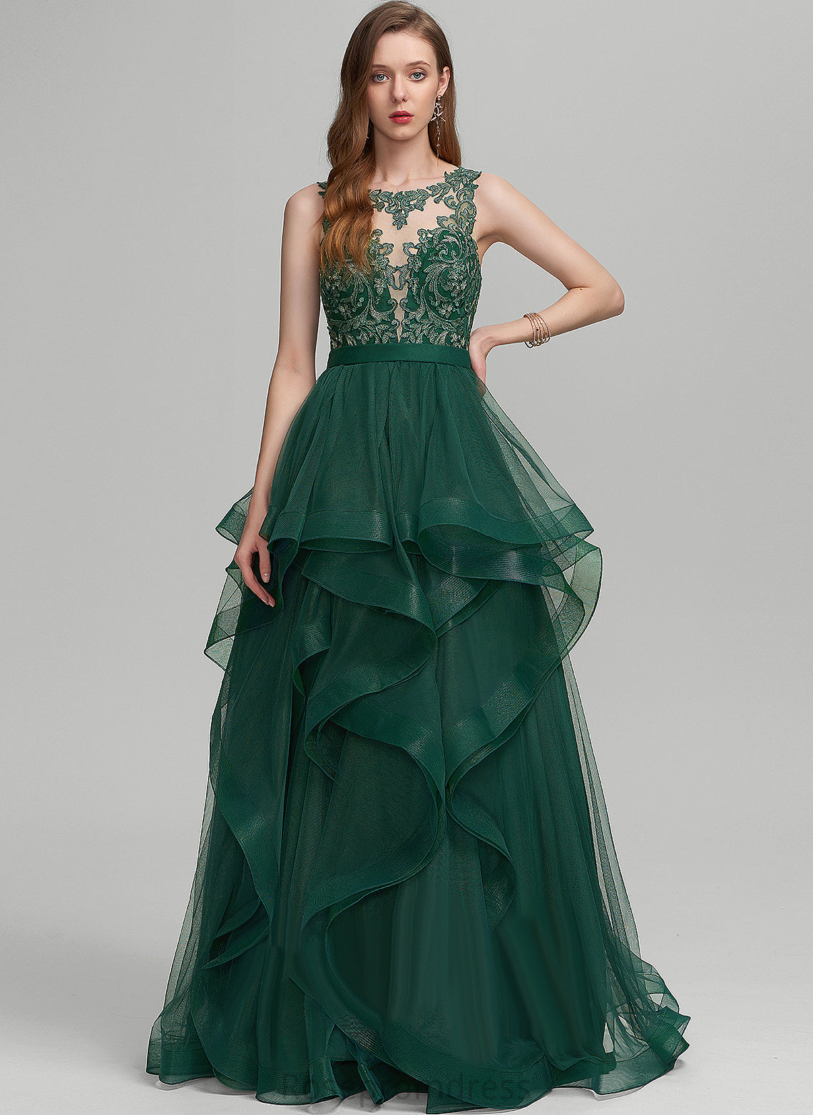 Ball-Gown/Princess Joyce Prom Dresses Illusion Tulle Scoop Lace Floor-Length