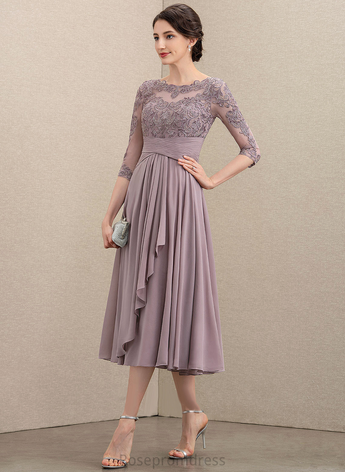 Scoop Mother of the Bride Dresses A-Line Mother the Bride Neck Lace With Lailah Dress of Tea-Length Cascading Chiffon Ruffles