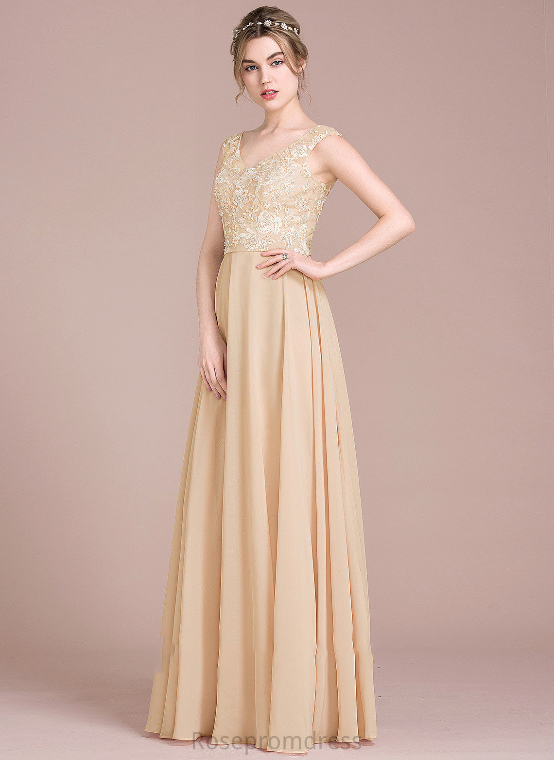 Floor-Length Lace Thalia Chiffon Prom Dresses V-neck A-Line