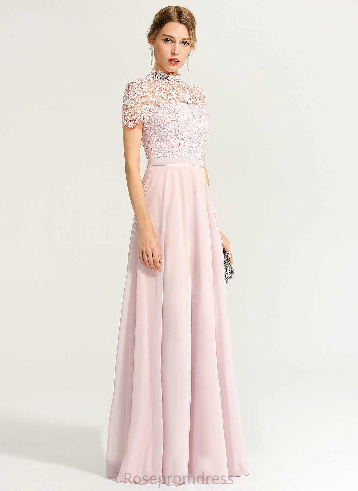 High Chiffon Prom Dresses Illusion Fatima Lace Neck Floor-Length A-Line