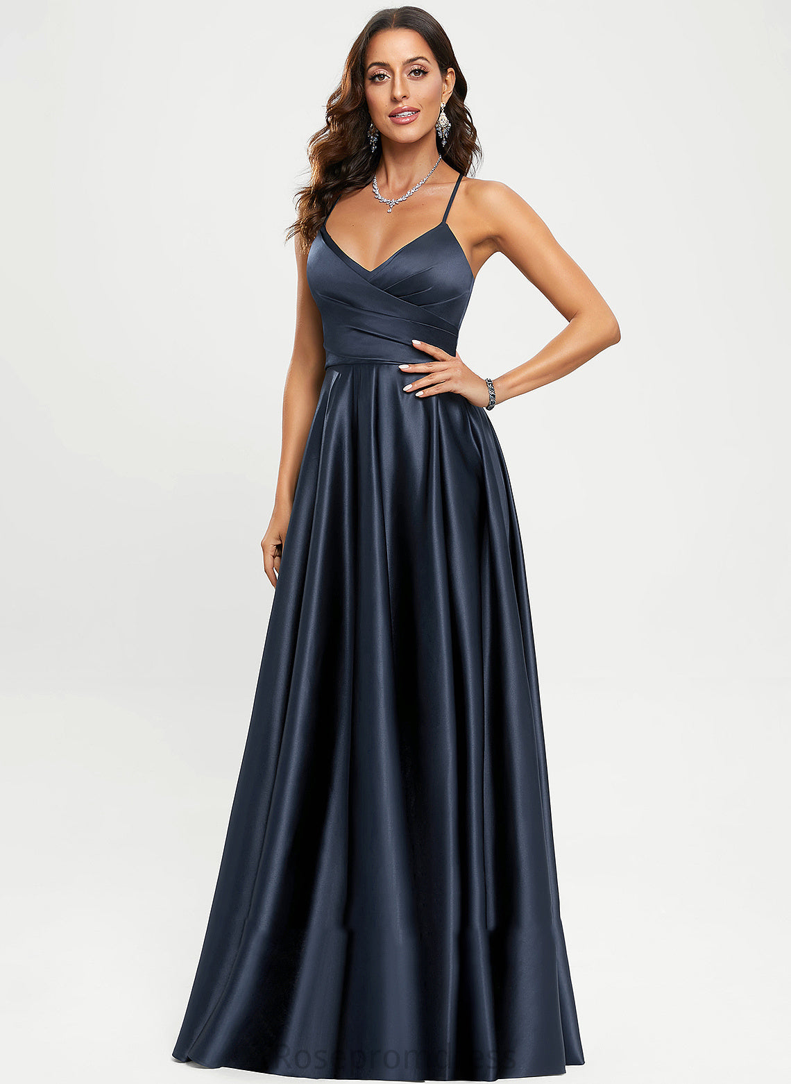 V-neck Denise A-Line Floor-Length Satin Prom Dresses