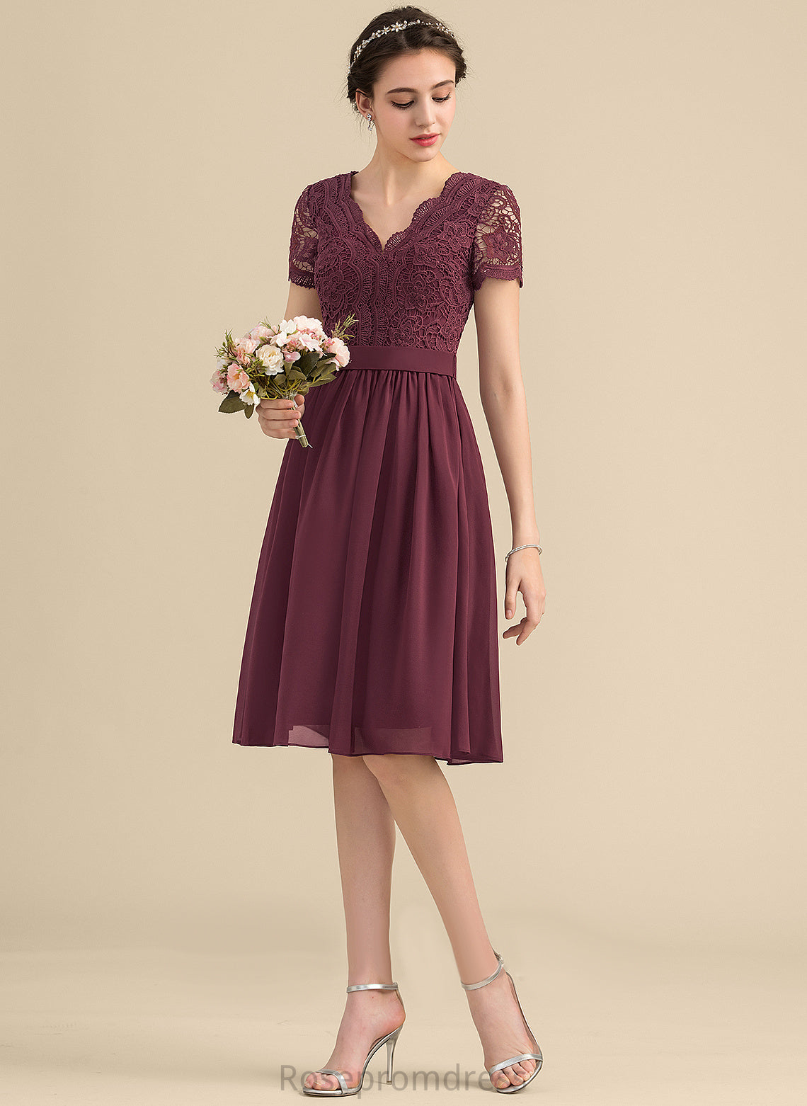 Lace Fabric Length Neckline Embellishment Silhouette V-neck Knee-Length A-Line Libby Bridesmaid Dresses