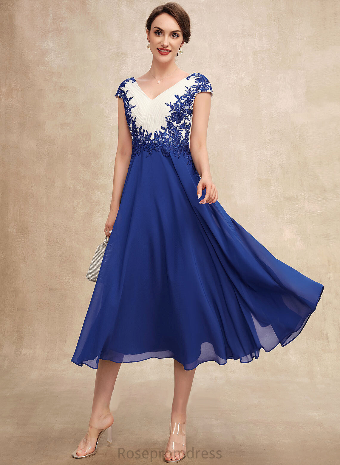 Mother Ruffle Dress With Sasha Tea-Length A-Line Bride the V-neck Mother of the Bride Dresses of Chiffon Lace