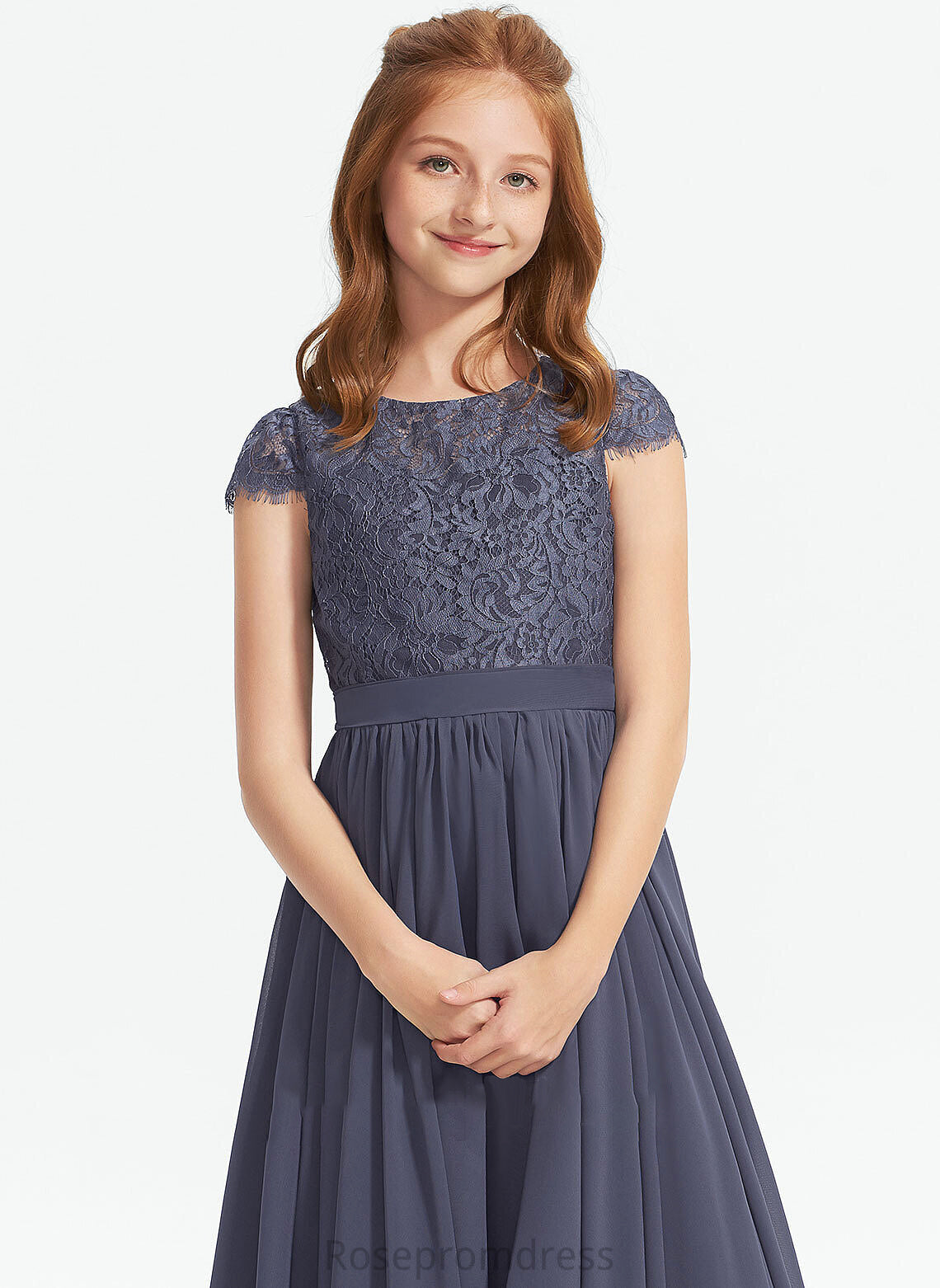 Asymmetrical Junior Bridesmaid Dresses Kirsten Scoop Neck Lace A-Line Chiffon