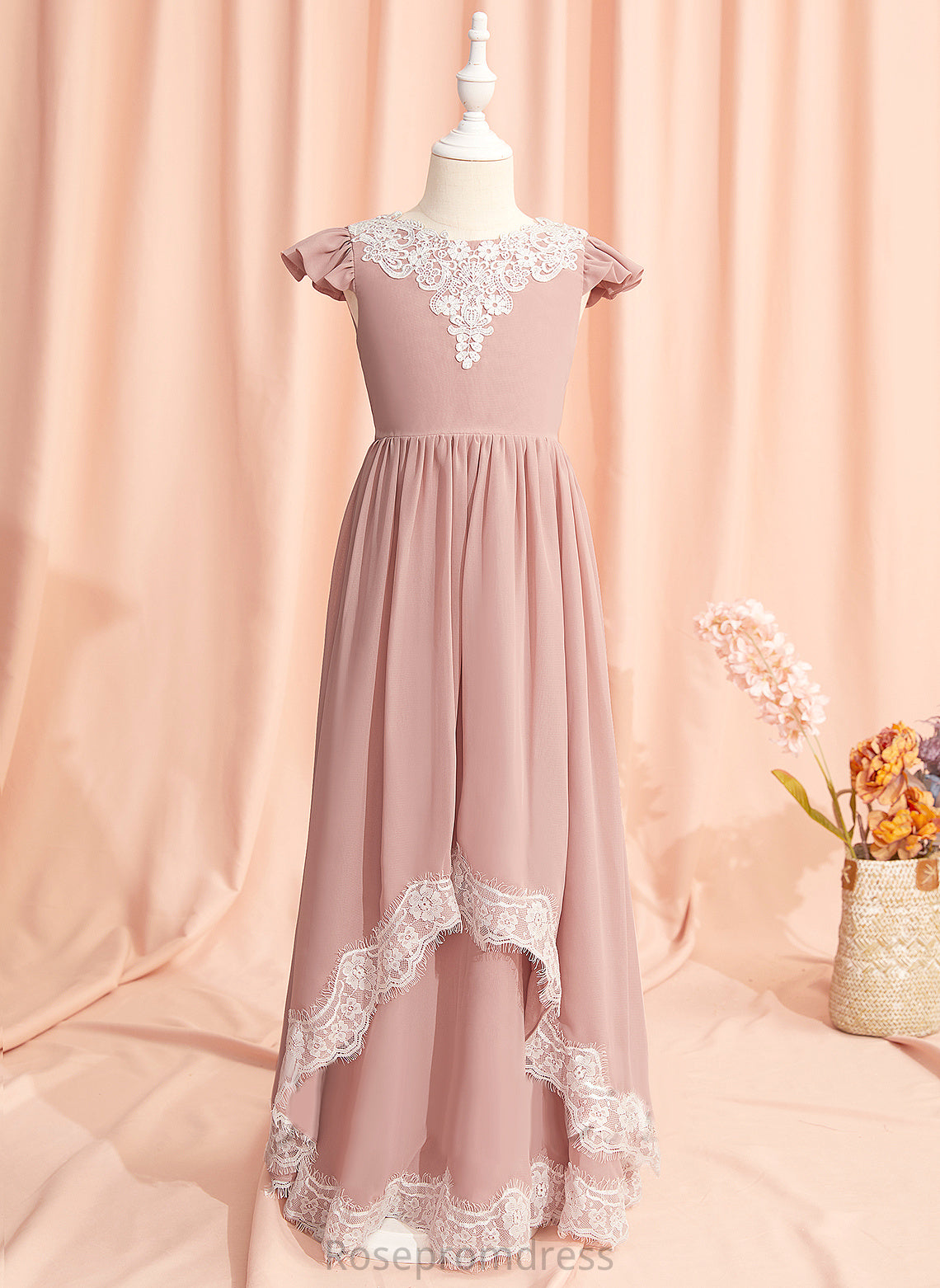 Dress Flower Sleeves Back Flower Girl Dresses Neck Chiffon/Lace Lace/V Girl Rhoda With Short Scoop - Floor-length A-Line