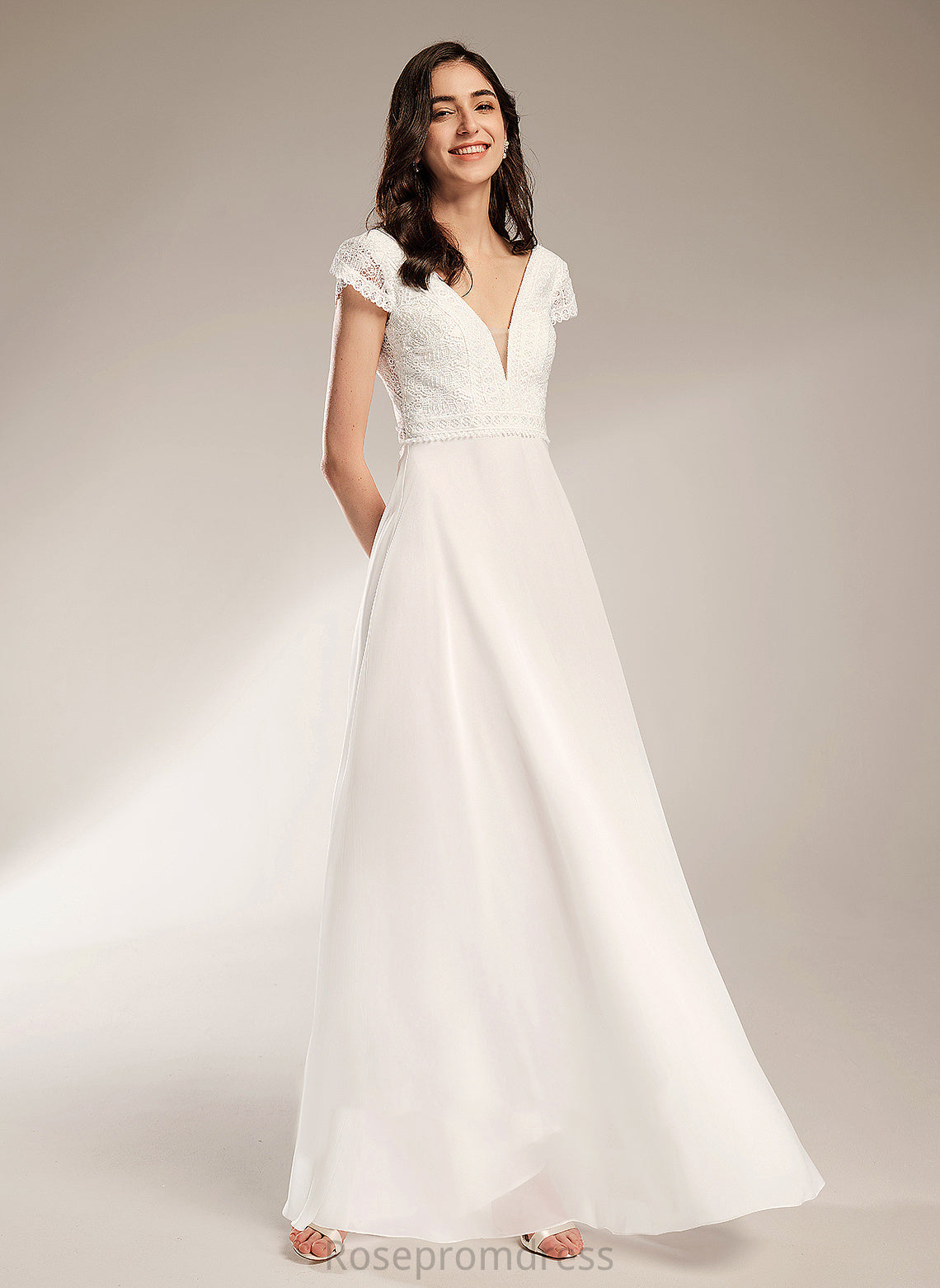 A-Line Lace Wedding Dresses Wedding Abbey Chiffon Dress V-neck Floor-Length