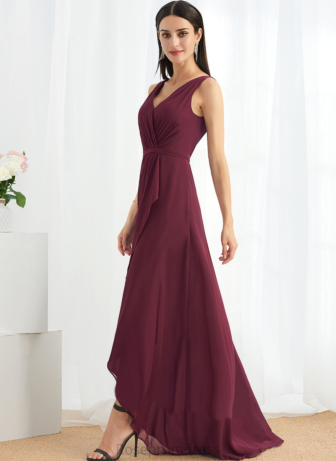 Neckline A-Line Length Asymmetrical Embellishment Silhouette SplitFront V-neck Fabric Gabrielle Bridesmaid Dresses