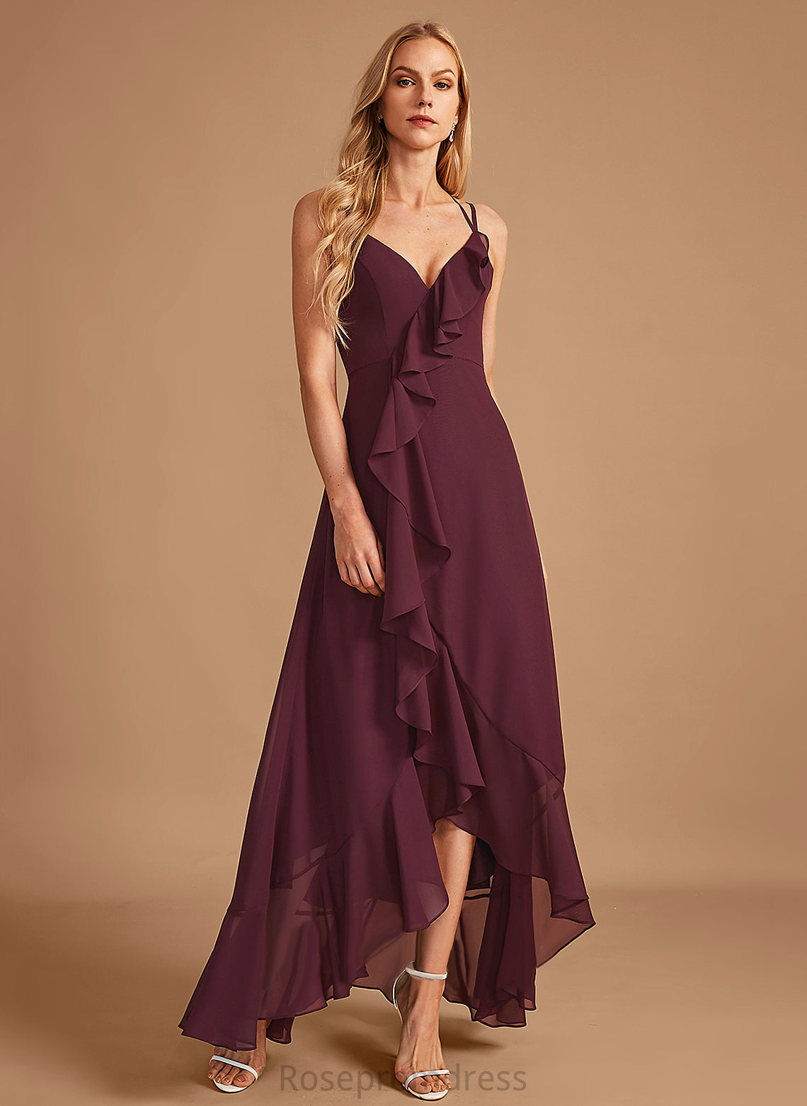 Silhouette V-neck Asymmetrical Embellishment Fabric SplitFront Neckline A-Line Length Ruffle Mandy Floor Length Bridesmaid Dresses