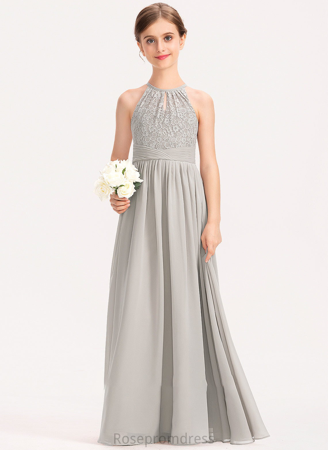 Chiffon Lace Neck Scoop Junior Bridesmaid Dresses With Annalise A-Line Ruffle Floor-Length