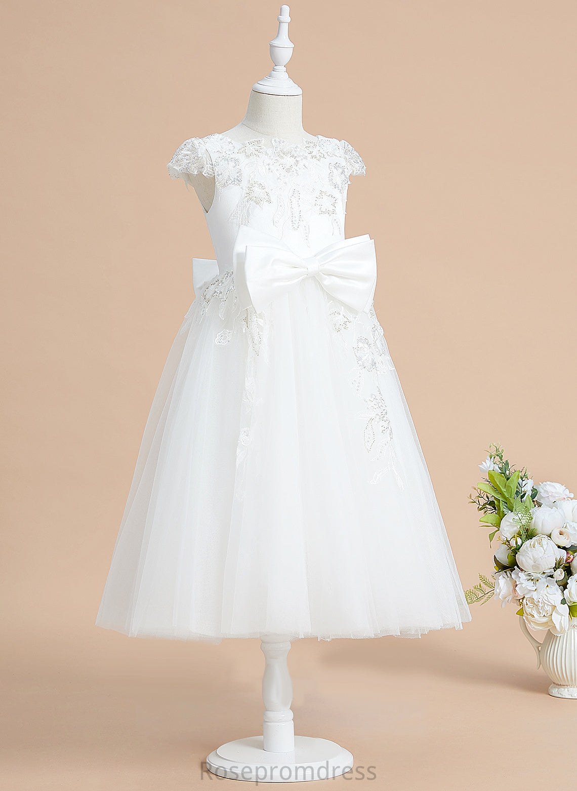 Scoop Girl A-Line Flower Girl Dresses Mylee With Sequins/Bow(s) Tulle/Lace Tea-length Sleeves Dress - Flower Short Neck