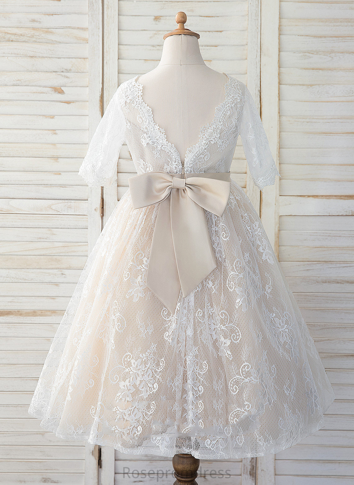 Girl Cecelia Scoop A-Line 3/4 Tulle/Lace Sleeves - Neck With Bow(s) Flower Girl Dresses Dress Tea-length Flower