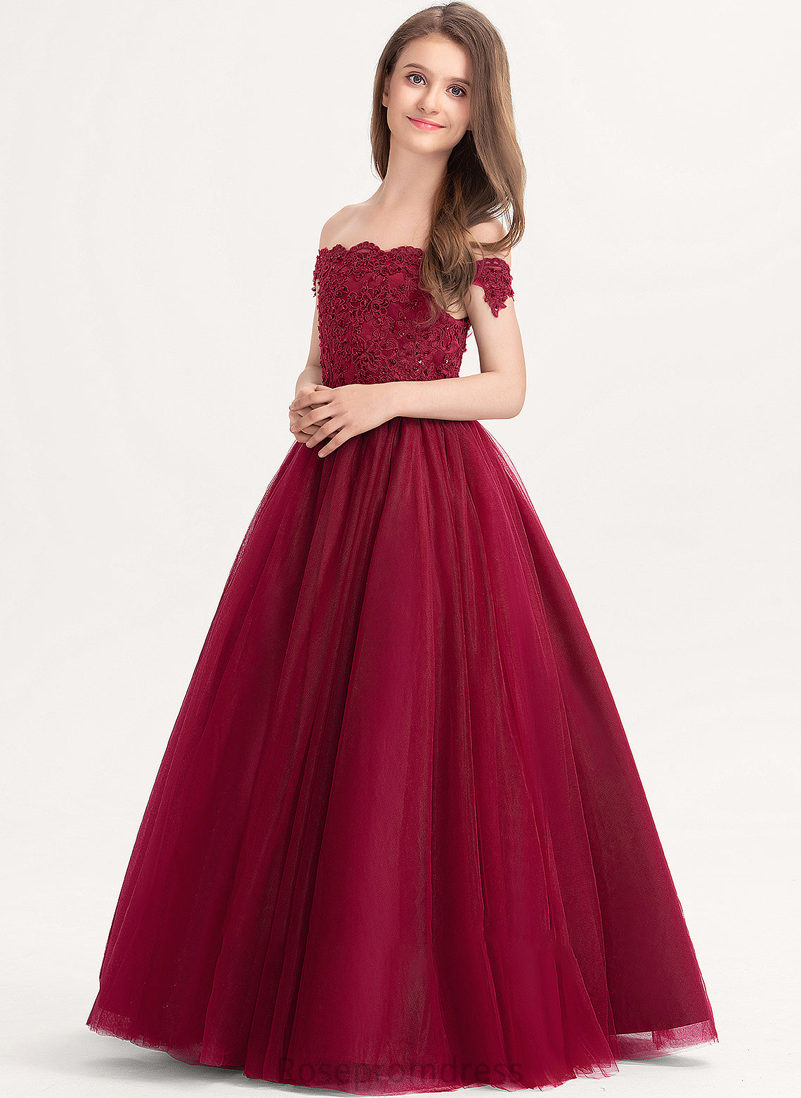 Junior Bridesmaid Dresses Greta Beading Tulle Floor-Length Off-the-Shoulder Lace Sequins Ball-Gown/Princess With