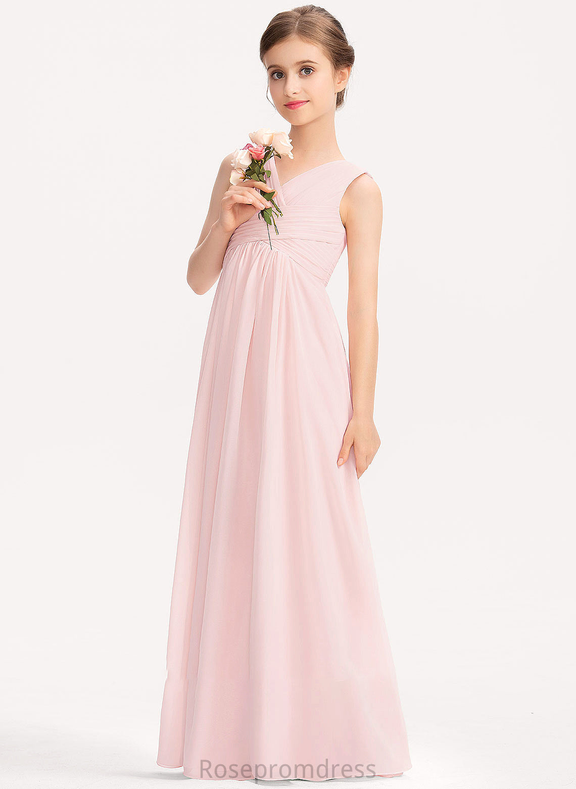 V-neck With Parker A-Line Floor-Length Chiffon Ruffle Junior Bridesmaid Dresses