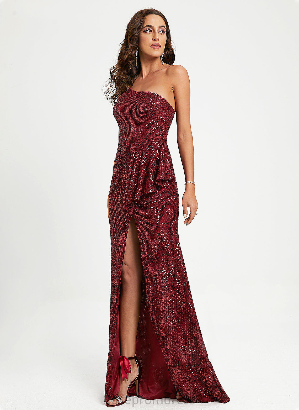 Sheath/Column One-Shoulder Floor-Length Prom Dresses Sequined With Ruffle Chloe Sequins