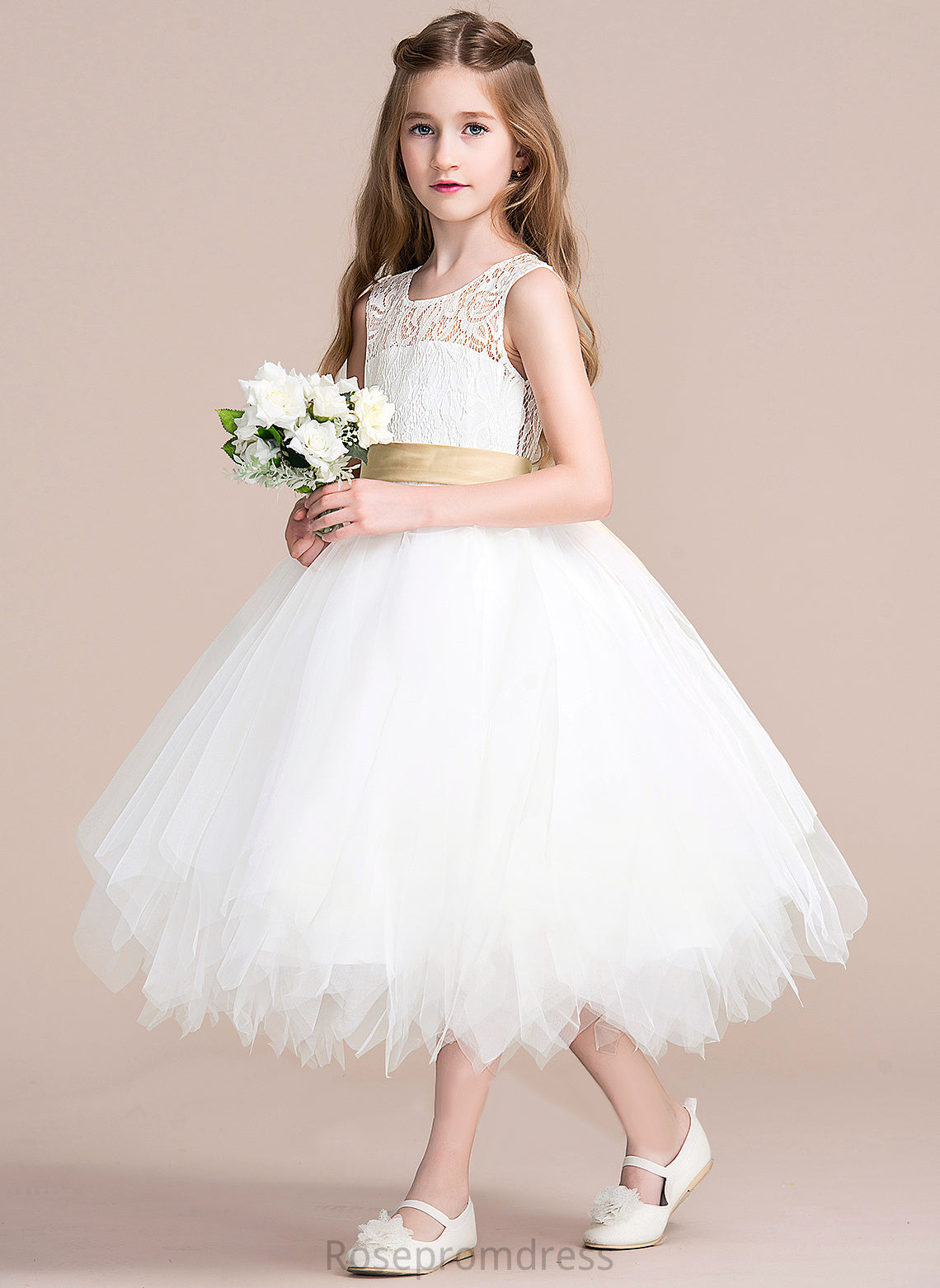 Taliyah sash) With (Detachable A-Line Flower - Flower Girl Dresses Neck Scoop Sleeveless Tea-length Dress Tulle/Lace Girl Hole Sash/Back