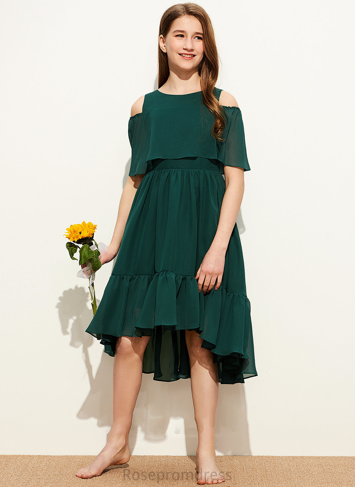 Asymmetrical Junior Bridesmaid Dresses With Cascading Scoop A-Line Lyric Ruffles Chiffon Neck