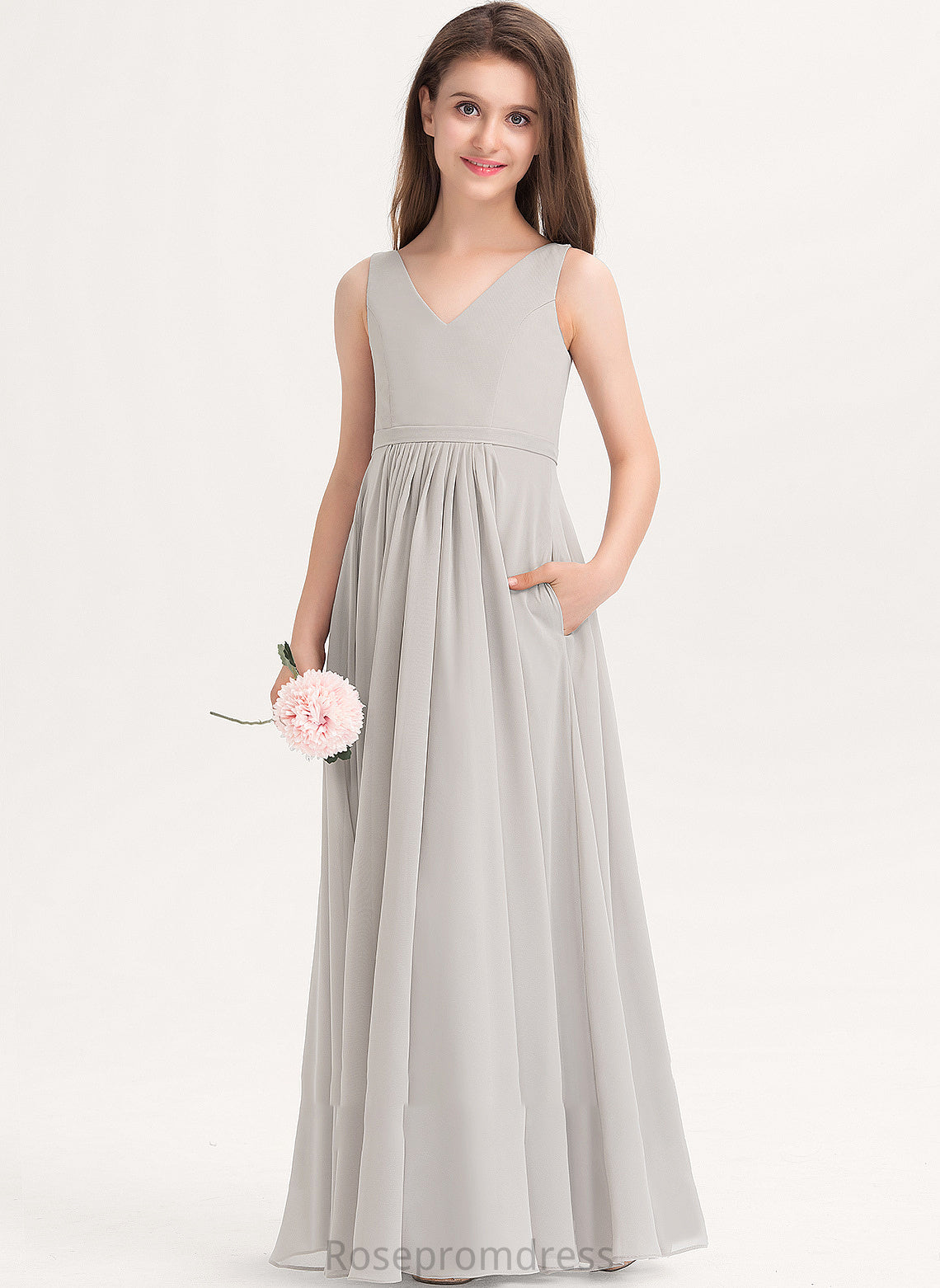 Floor-Length V-neck Roselyn Chiffon Pockets With A-Line Junior Bridesmaid Dresses