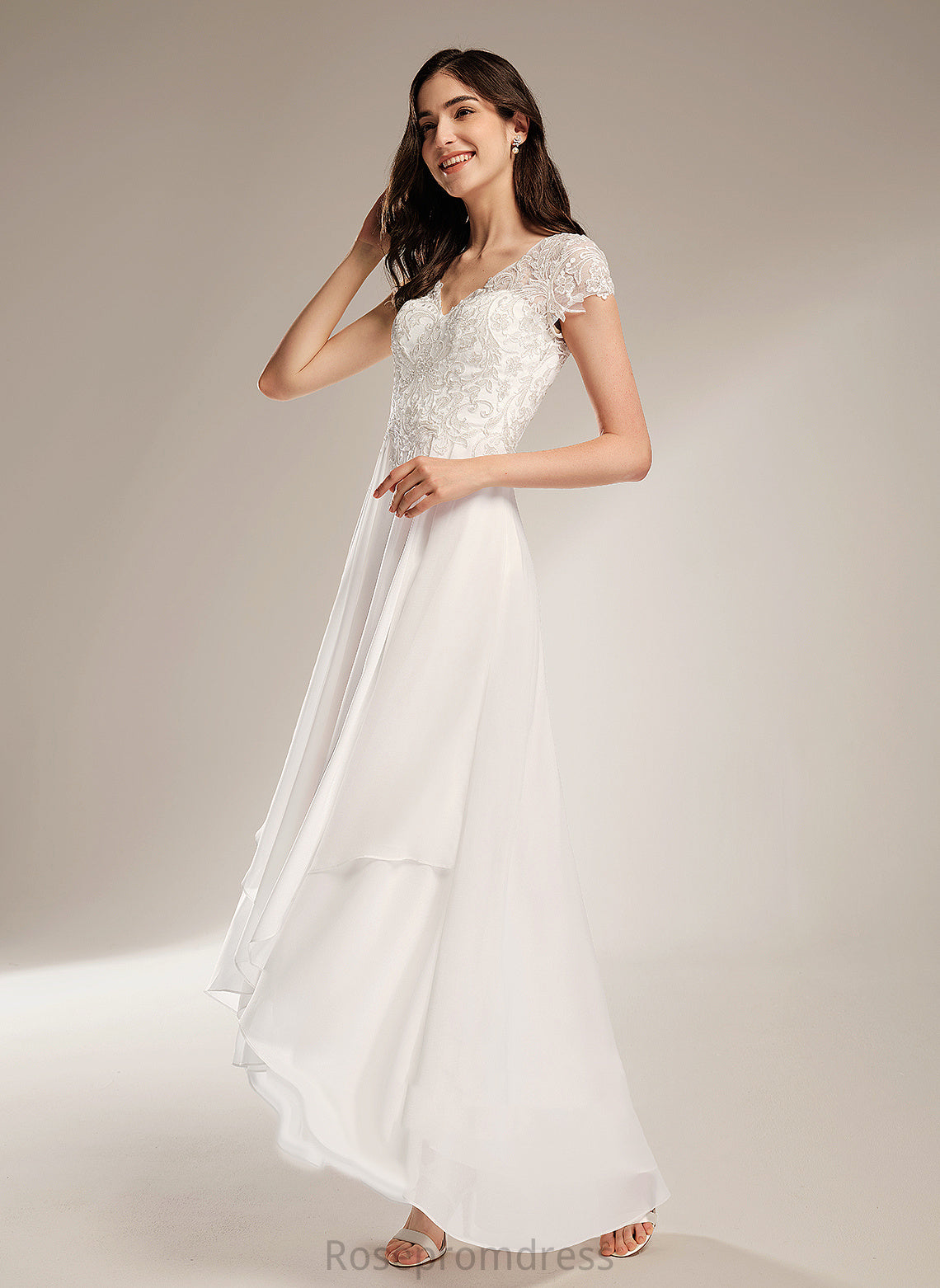 A-Line Asymmetrical Wedding Lace Chiffon Dalia With V-neck Wedding Dresses Dress