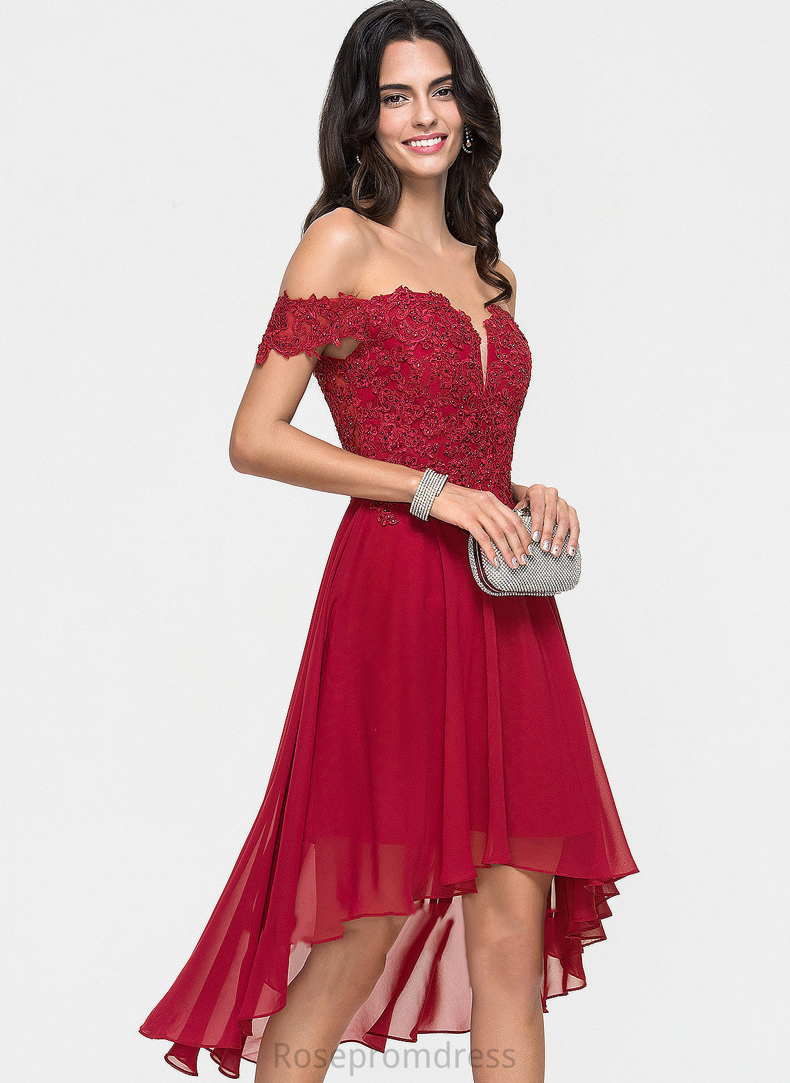 A-Line Chiffon Asymmetrical Lace Noelle Homecoming Dresses Homecoming Beading Off-the-Shoulder With Dress