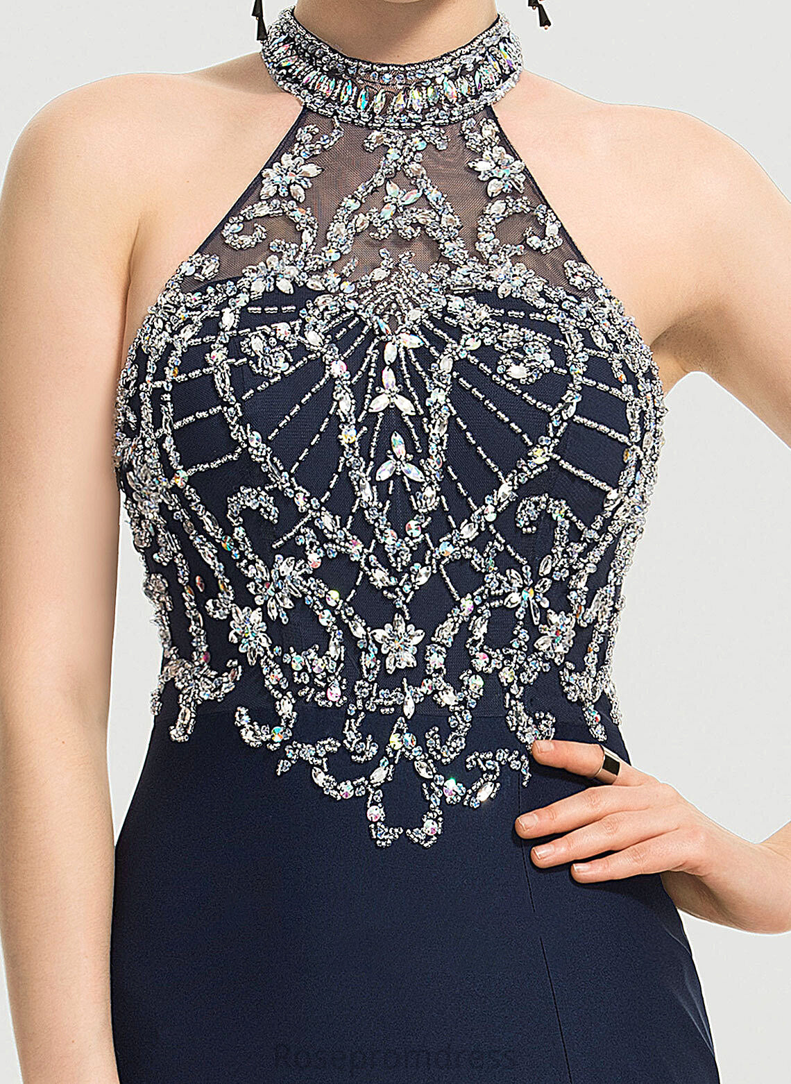 Prom Dresses Train Front Sweep Neck Adrianna Split Scoop Beading Sheath/Column Jersey With Sequins