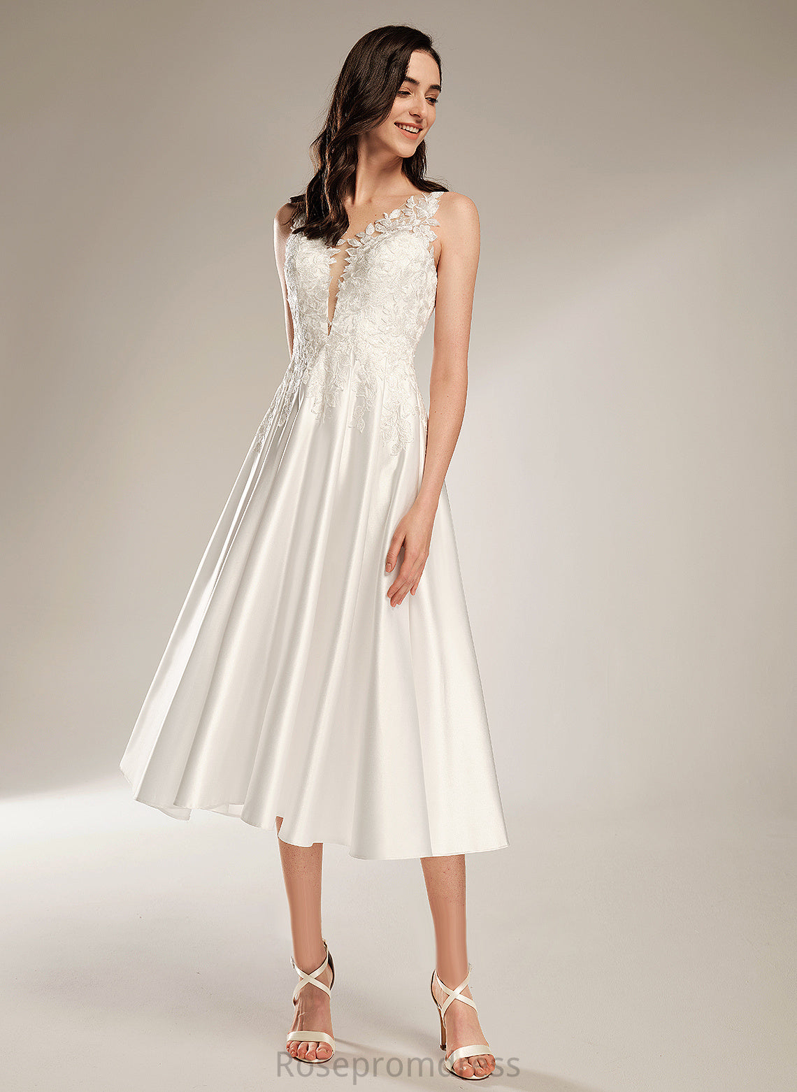 Wedding Dresses Dress Tea-Length Pockets With Lace Celia V-neck A-Line Satin Wedding