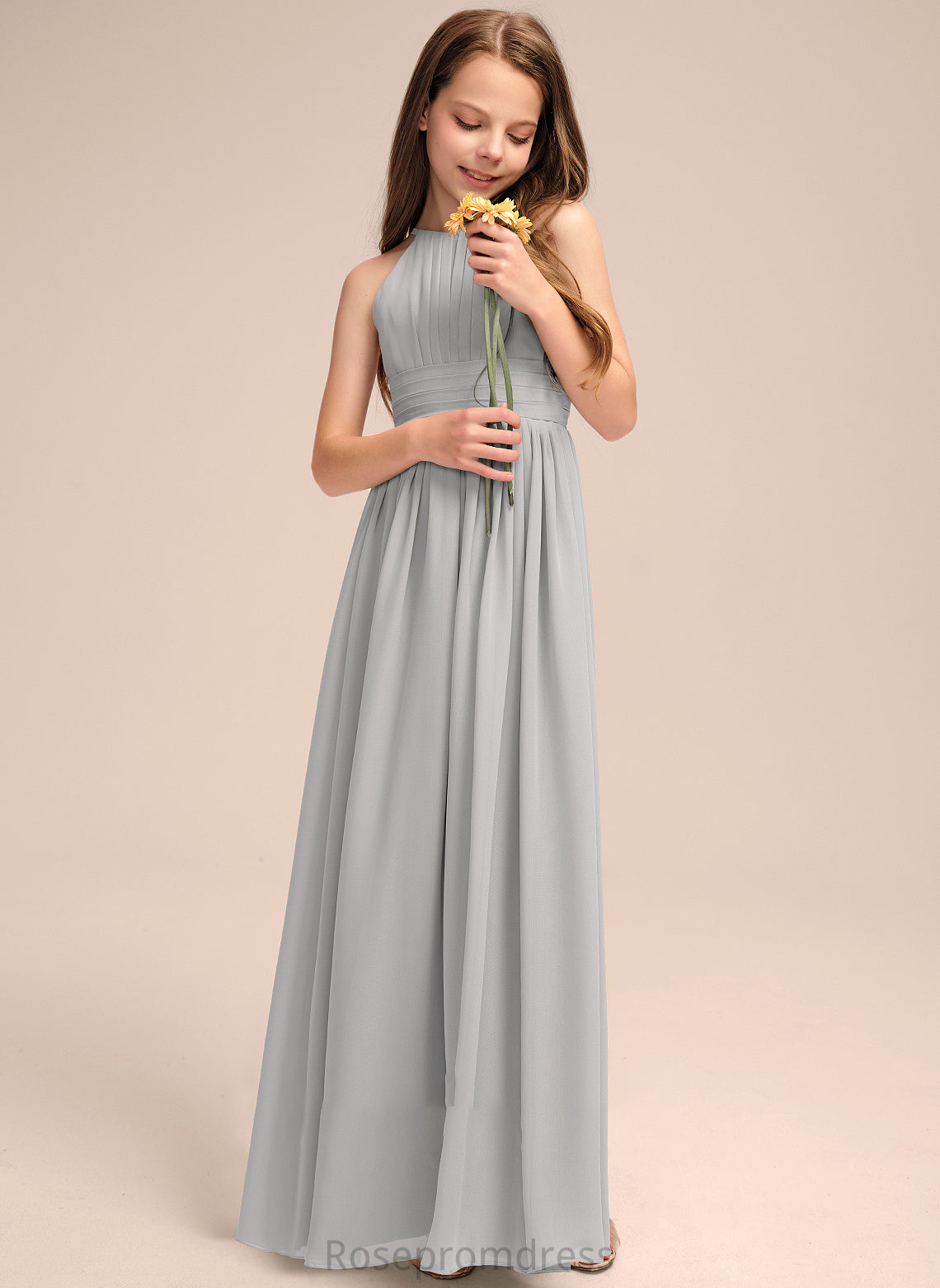 Ruffle Neck A-Line Aliya Chiffon Scoop With Floor-Length Junior Bridesmaid Dresses