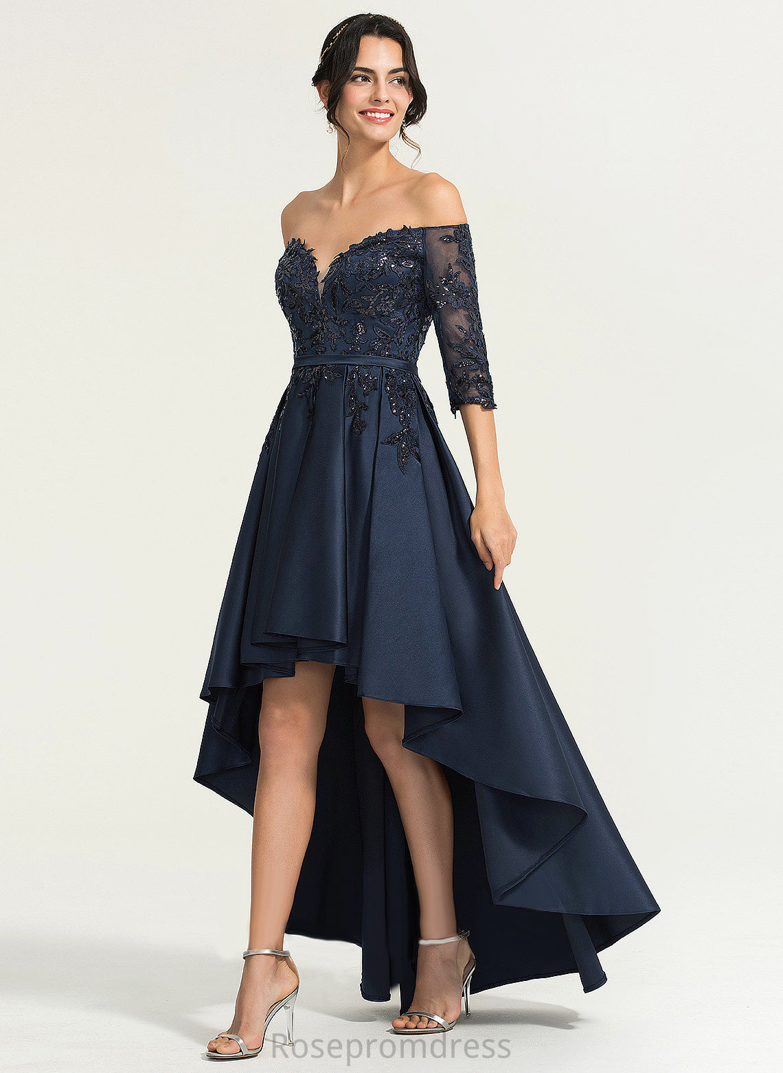 Asymmetrical With Khloe A-Line Sequins Prom Dresses Off-the-Shoulder Lace Satin