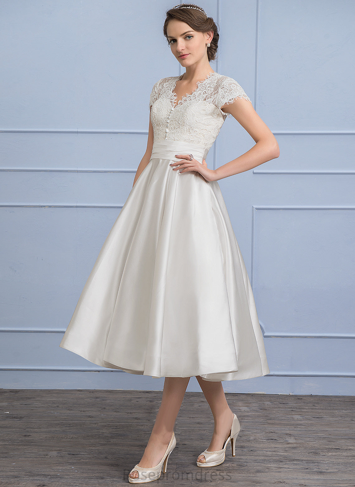 A-Line Lace Satin Ruffle Dress Tea-Length Wedding With Evangeline Wedding Dresses Pockets V-neck