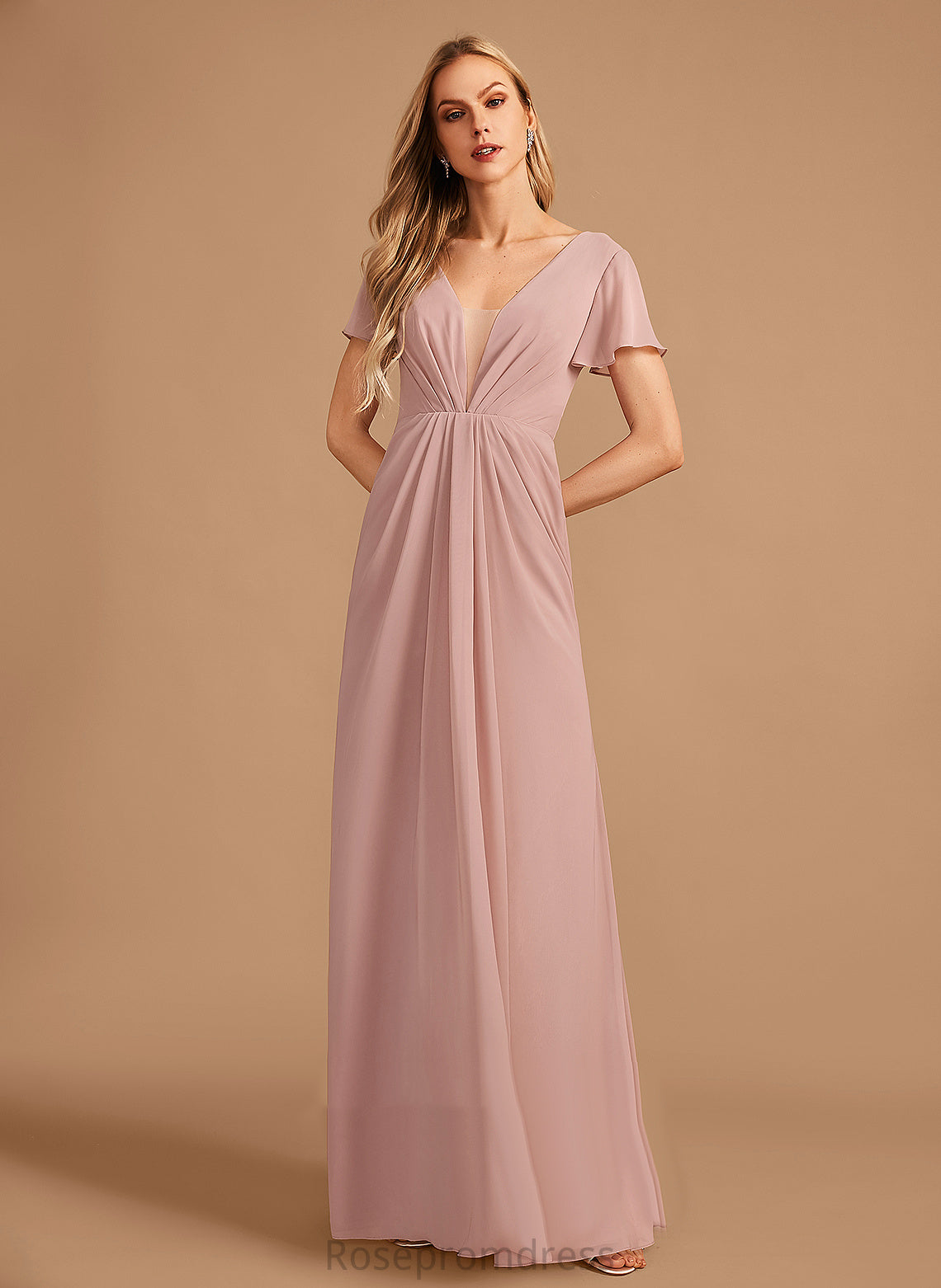 Neckline Embellishment Fabric A-Line Length Ruffle Silhouette Floor-Length V-neck Aleah Bridesmaid Dresses