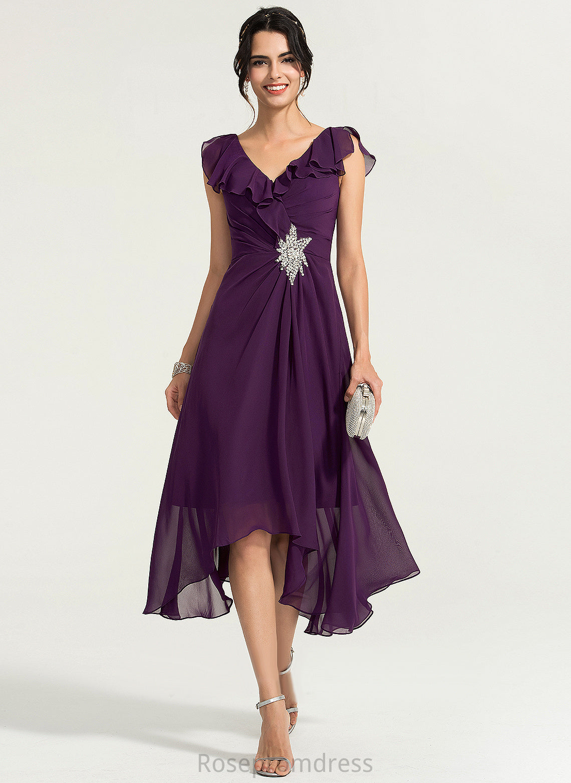 Chiffon Dress A-Line With Asymmetrical Callie V-neck Beading Cocktail Cocktail Dresses