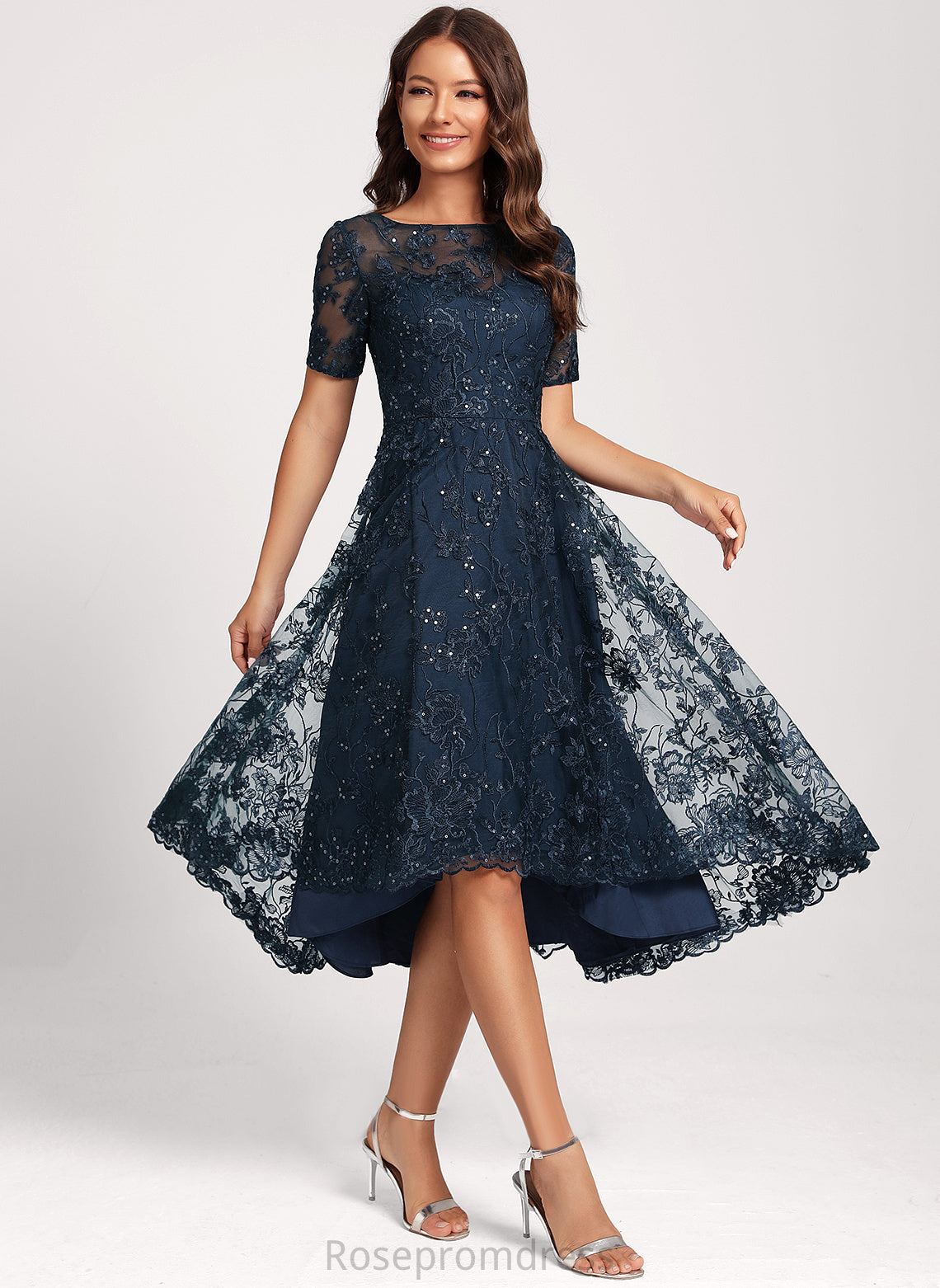 Dress Lace Asymmetrical Sequins Neck Tulle Scoop Cocktail Autumn Club Dresses A-Line With