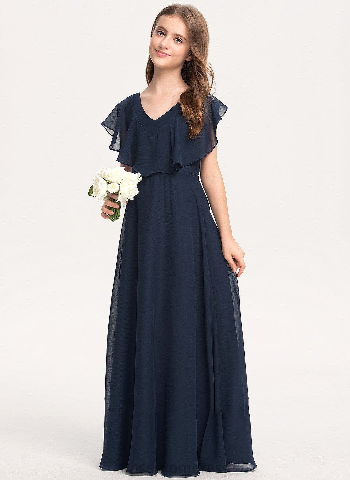 Chiffon V-neck Floor-Length Viv Junior Bridesmaid Dresses A-Line