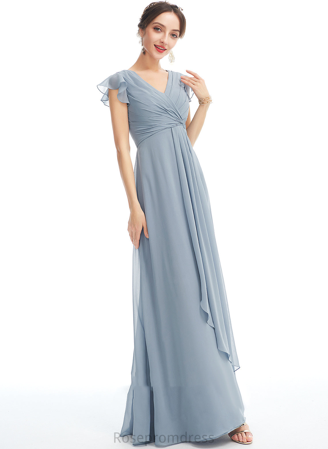 Silhouette Ruffle Fabric A-Line Length Embellishment SplitFront V-neck Neckline Floor-Length Lexi Bridesmaid Dresses