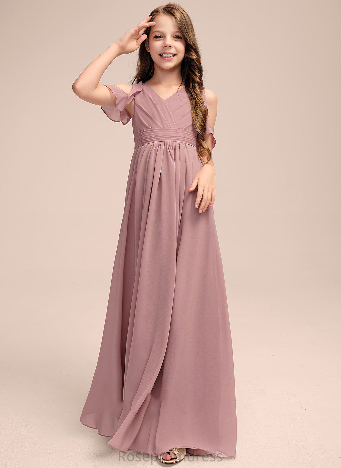 Ruffles V-neck A-Line Cascading Kinley Junior Bridesmaid Dresses Chiffon Floor-Length With