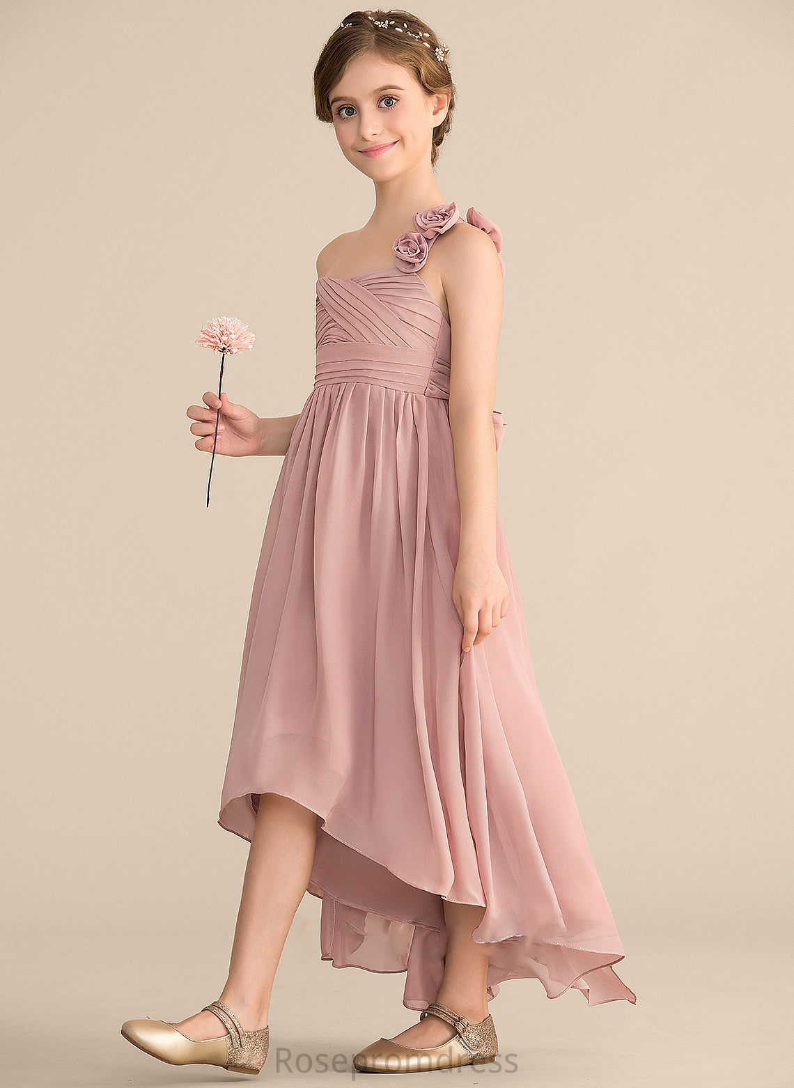 Chiffon Ruffle Junior Bridesmaid Dresses With Flower(s) One-Shoulder A-Line Asymmetrical Yaretzi Bow(s)