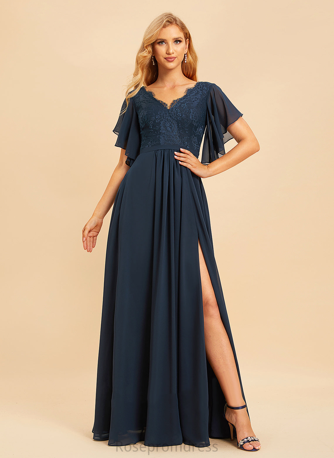 V-neck SplitFront Fabric Floor-Length Length A-Line Embellishment Silhouette Lace Neckline Jessica Bridesmaid Dresses