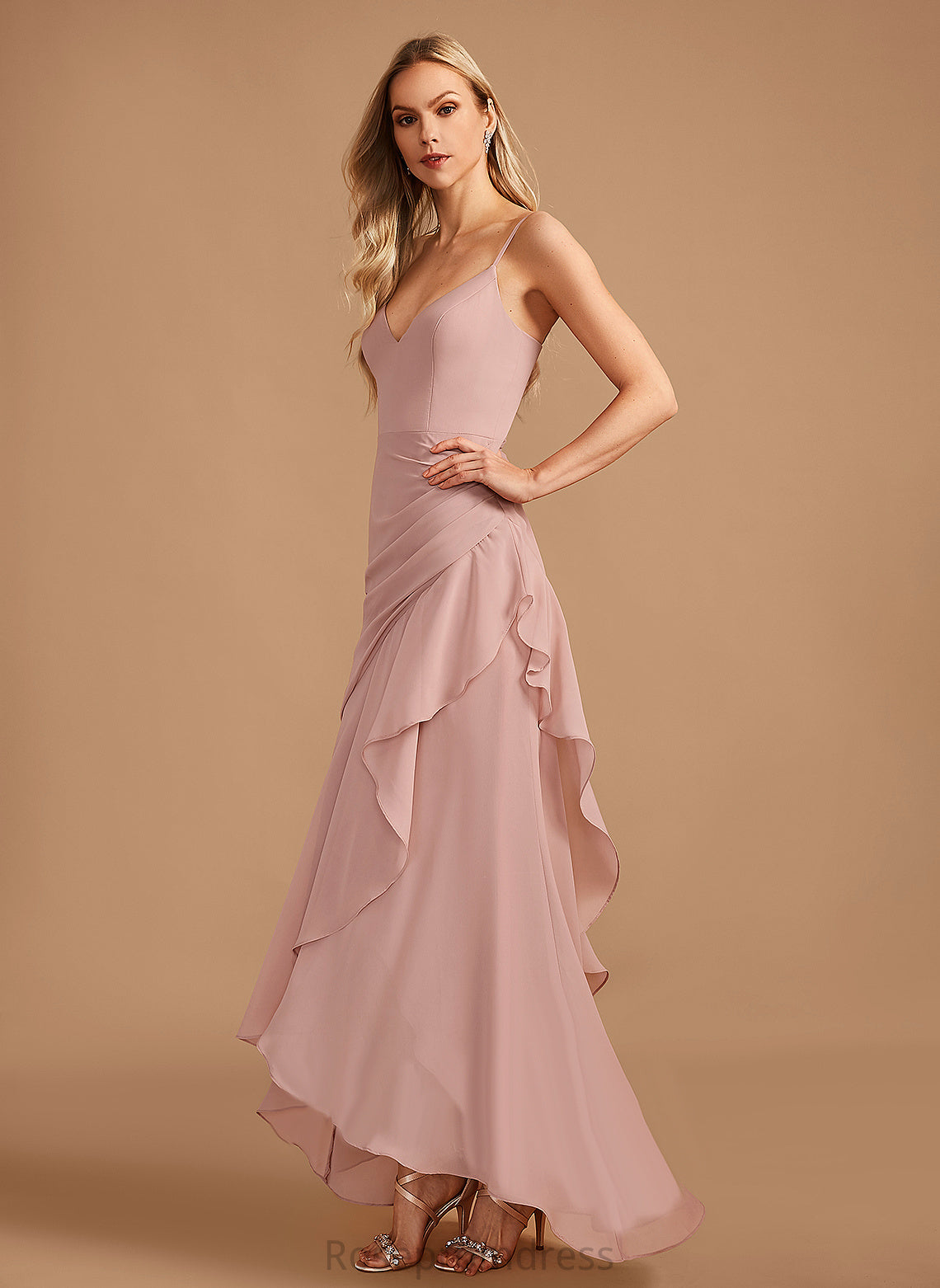 Fabric Trumpet/Mermaid Neckline Asymmetrical Length Embellishment Ruffle V-neck Silhouette Alayna Floor Length A-Line/Princess Bridesmaid Dresses