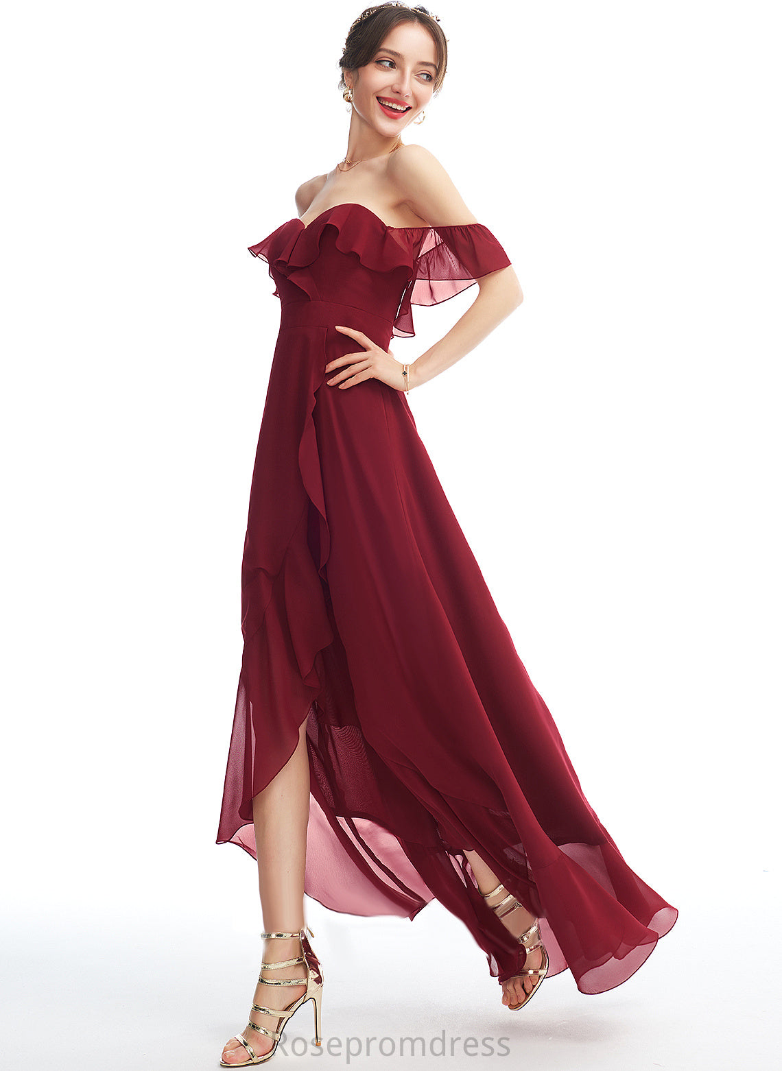 Cocktail Dresses Front Off-the-Shoulder A-Line Cocktail With Lilliana Chiffon Asymmetrical Ruffle Split Dress