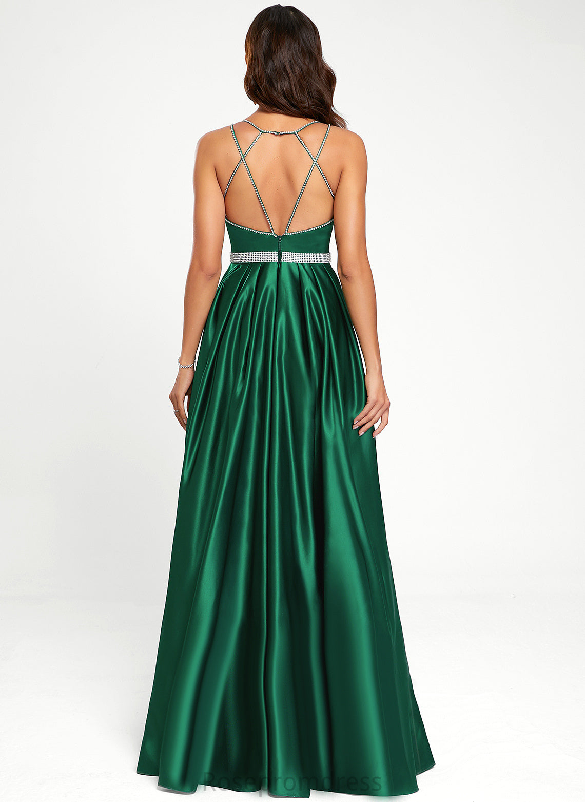 A-Line Gabrielle Prom Dresses V-neck With Beading Floor-Length Satin